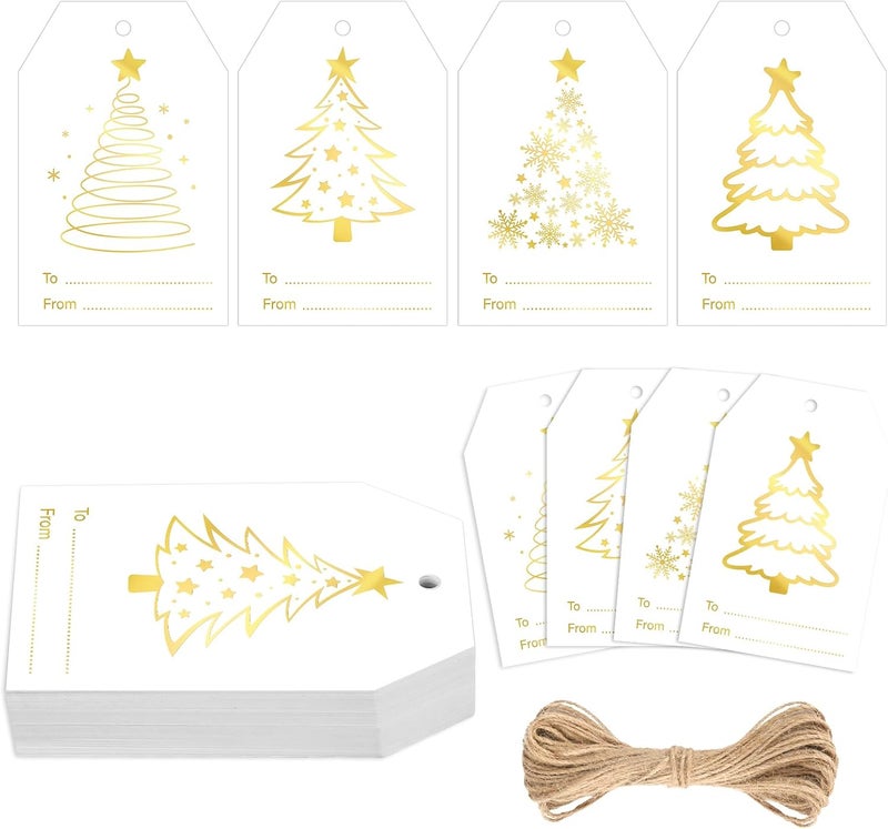 g2plus 60Pcs Gold Christmas Gift Tags - 4 Styles Christmas Name Tags, Xmas Tree Holiday Paper Gift Tags with String for DIY Crafts, Party Favors, Gift Exchange, Stocking Stuffers - Image 1
